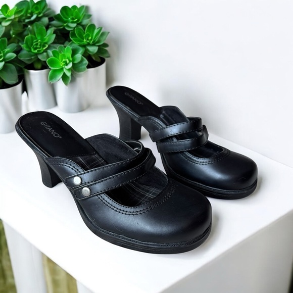 Vintage Shoes - Vintage 90s y2k Bratz Black Faux Vegan Leather Chunky Heel Platform Buckle Mules